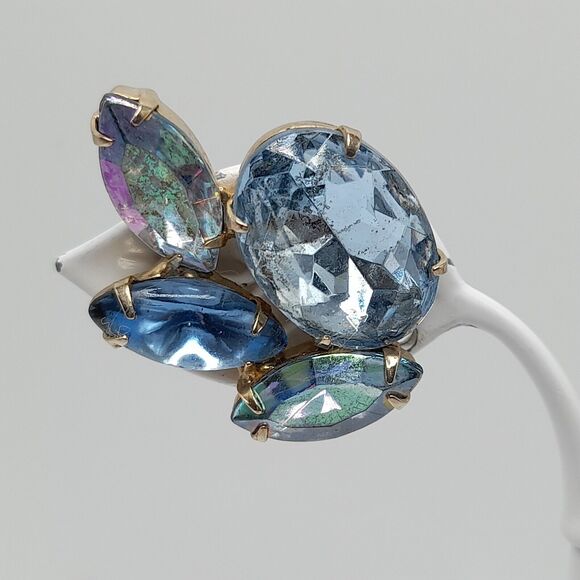 Vintage GARNE Blue Rhinestone Clip-On Earrings Fire Polished 50s-60s - Picture 2 of 12